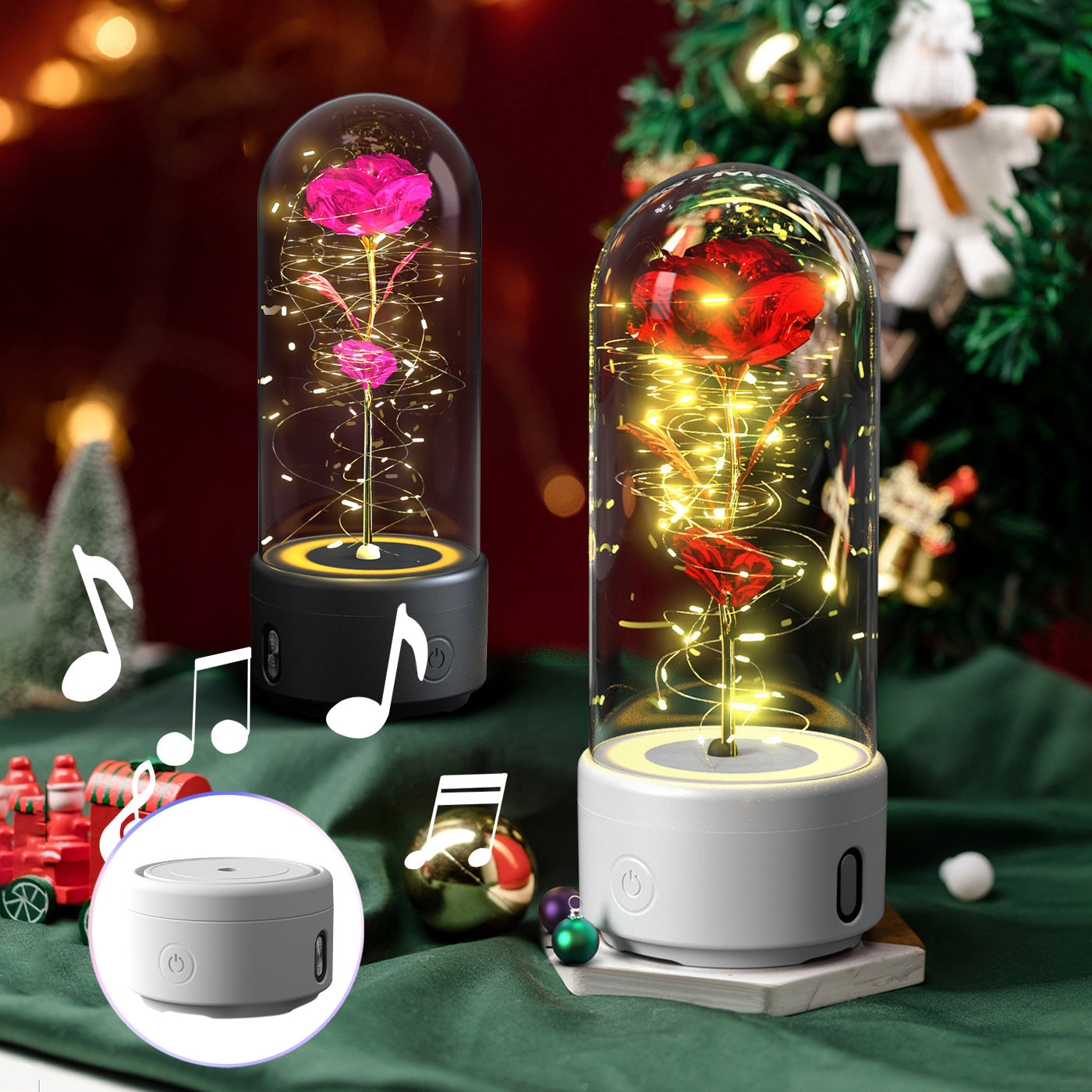Creative 2 In 1 Rose Flowers LED Light And Bluetooth-compatible Speaker Valentine's Day Gift Rose Luminous Night Light Ornament In Glass Cover AekCraft