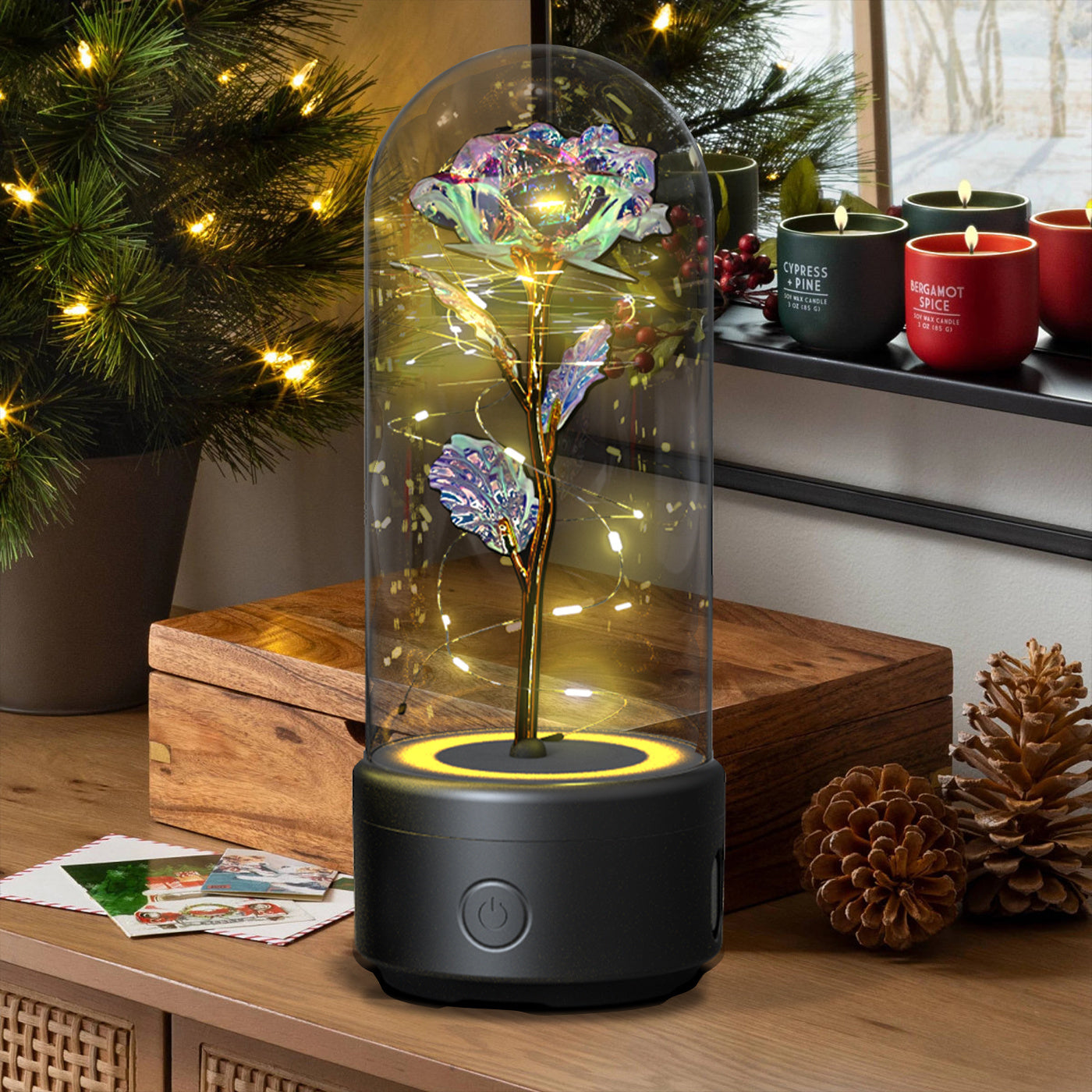 Creative 2 In 1 Rose Flowers LED Light And Bluetooth-compatible Speaker Valentine's Day Gift Rose Luminous Night Light Ornament In Glass Cover AekCraft