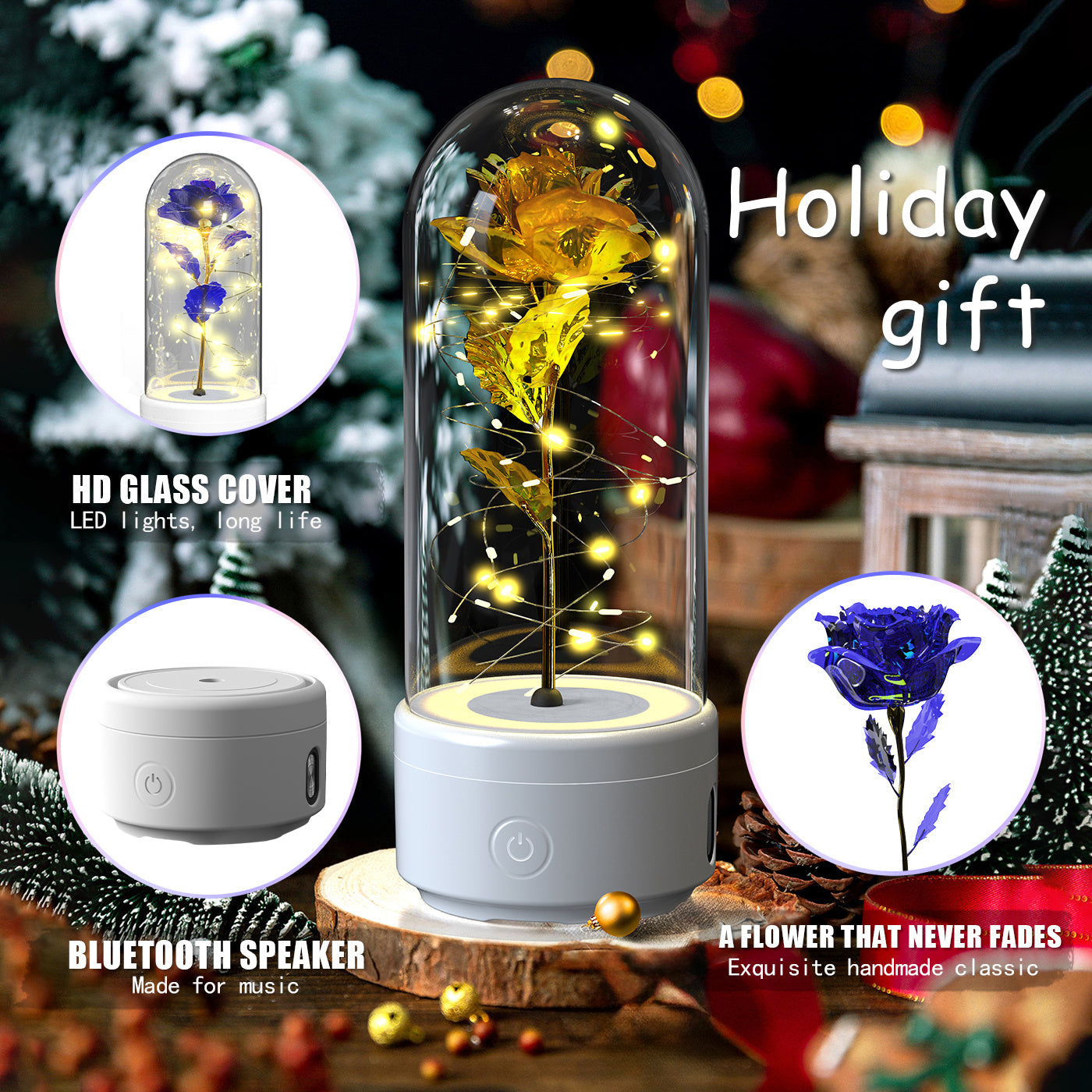 Creative 2 In 1 Rose Flowers LED Light And Bluetooth-compatible Speaker Valentine's Day Gift Rose Luminous Night Light Ornament In Glass Cover AekCraft