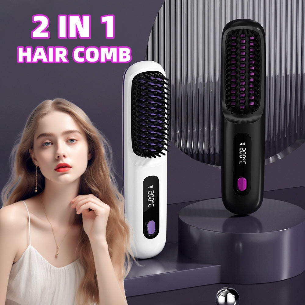 2 In 1 Straight Hair Comb Wireless Hair Straightener Brush Hair Fast Heating Portable Hot Curler USB Charging AekCraft