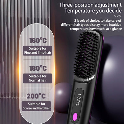 2 In 1 Straight Hair Comb Wireless Hair Straightener Brush Hair Fast Heating Portable Hot Curler USB Charging AekCraft