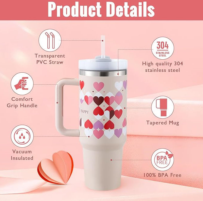 40 Oz Tumbler With Handle Straw Insulated, Stainless Steel Spill Proof Vacuum Coffee Cup Tumbler With Lid Tapered Mug Gifts For Valentine Lover Suitable For Car Gym Office Travel AekCraft